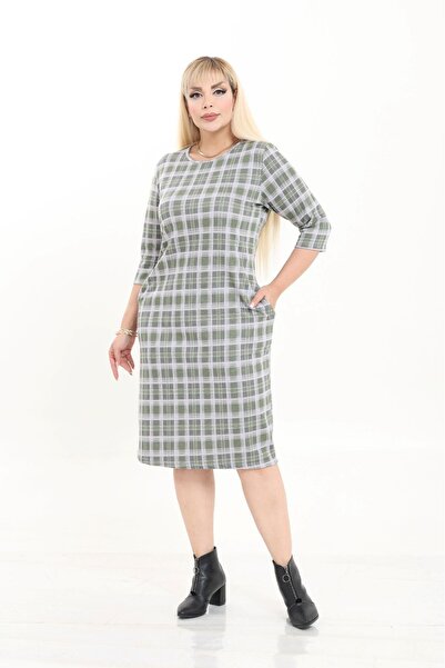 modayız Double Pocket Patterned Stretchy Winter Plus Size Midi Dress 20D-2728