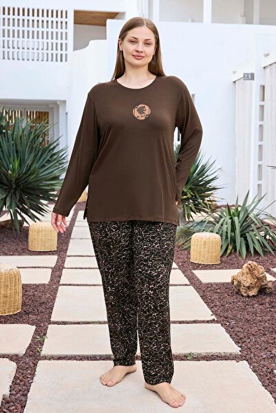 Aydoğan Plus Size Women's Long Sleeve Pajama Set 250493 Brown