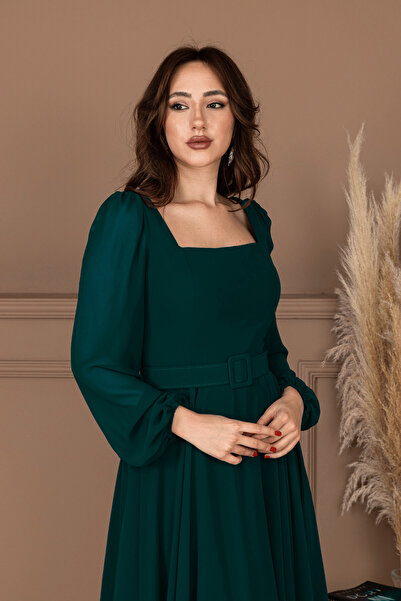 BEYBOS Şifon Krep Kumaş Kare Yaka Midi Elbise - HAKİ YEŞİLİ