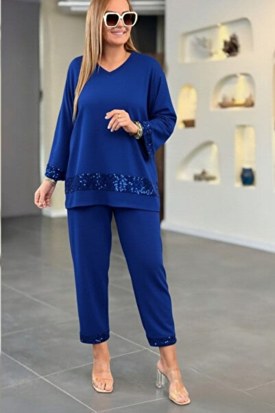 Kokosh moda Kadın Pul Payet Detaylı V Yaka Uzun Kollu Büyük Beden İkili Takım