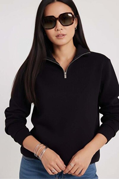 Afri Hanorac negru pentru femei, cu cu căptușeală din fleece fire, cu jumătat...