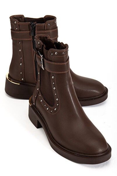 RİSSOLİ Γυναικείες μπότες με φερμουάρ με λεπτομέρεια με αγκράφα και καρφίτσες σε καφέ χρώμα