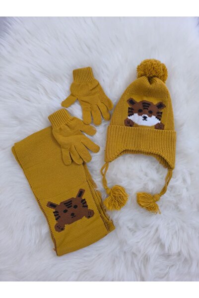 kidsense Boy's Tiger Pattern Fleece Lined Anti-Pilling Scarf Beanie Gloves Set of 3