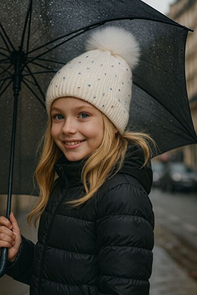 BALIENTE Beige Stone Embroidered Pompom Girl's Beret 3-7 Years Old