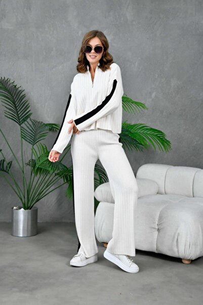 Işşıl 10858-Set de tricotaje cu guler cu fermoar supradimensionat pantaloni