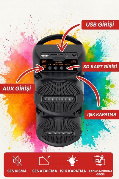 Zineets Siyah Kablosuz Işıklı Bluetooth Speaker Hoparlör Ses Bombası Fm Radyo 90 Db Sd Kart Aux Usb Girişli