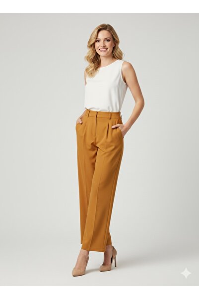 Kırmızı iz Yüksek Bel Kemerli Hardal Geniş Paça Pantolon palazo kumaş pantolon