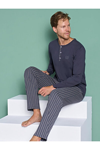 OMODAM Men's Long Sleeve Collared Buttoned Single Jersey Combed Cotton Pajama Set (100% Cotton)