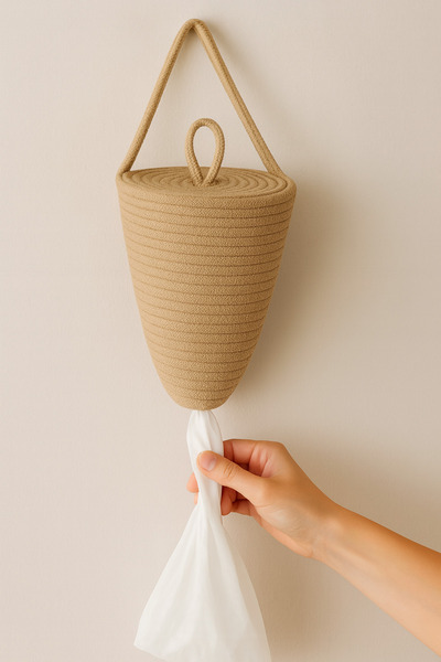 MaVaux Poşetlik Halat İp El Dokuma Duvar Askılı Saklama Torbası Ev Düzenleme Aksesuarı Sepet 30 x 20 cm