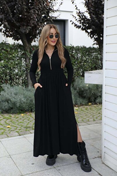 QİMYA BUTİK فستان طويل نسائي من BUKETLİ بسحاب D ياقة مرتفعة متوسطة الطول وفتح...