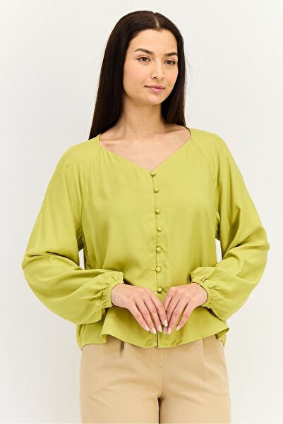 Levi's Women V Neck Long Sleeve Solid Blouse, Light Green