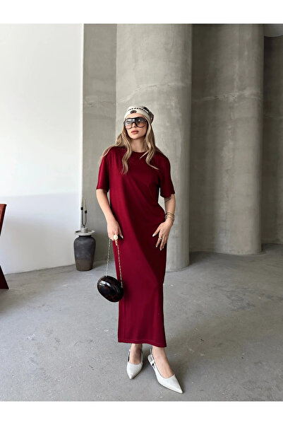 bysoca Kadın Bordo Bisiklet Yaka Kısa Kollu Yırtmaçlı Rahat Kalıp Modal Pike ...