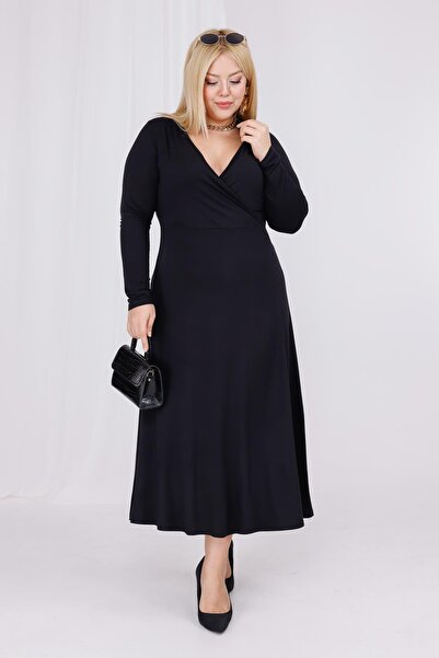Madwilo Women's Black Double-Breasted Collar Plus Size Stretchy Maxi Dress