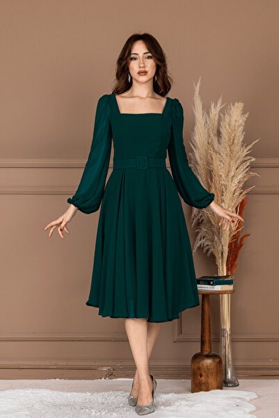 BEYBOS Şifon Krep Kumaş Kare Yaka Midi Elbise - HAKİ YEŞİLİ