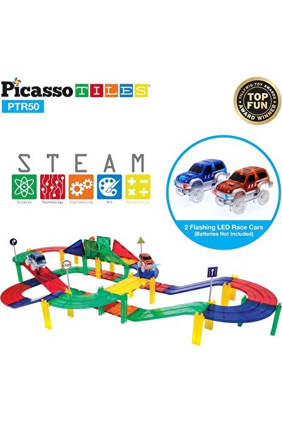 PicassoTiles Racing Track 50-piece Magnetic Construction Set, includes 2 LED cars