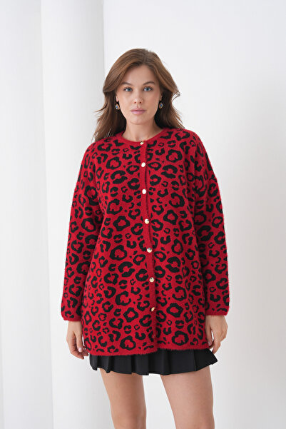 MAMAYAGA Midi Length Long Sleeve Front Buttoned Leopard Patterned Sporty Stylish Knitwear Jacket Suitable for Women's Hijab