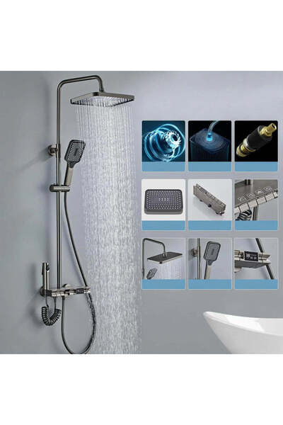 Deliny Thermostatic Shower Column, Digital Display, Ambient LED, 4 Functions, Rectangular Rain Shower