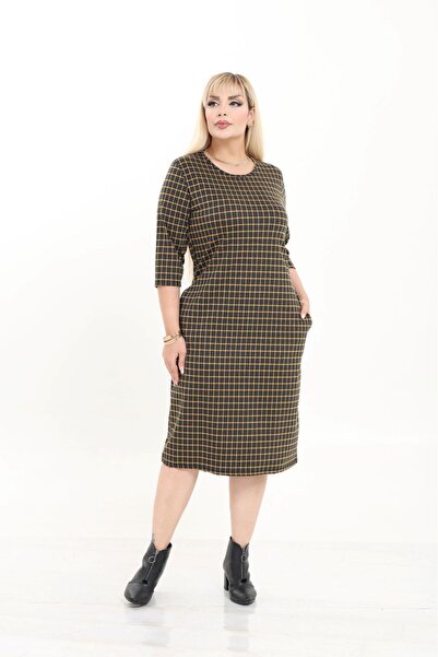 modayız Double Pocket Patterned Stretchy Winter Plus Size Midi Dress 30A-2724