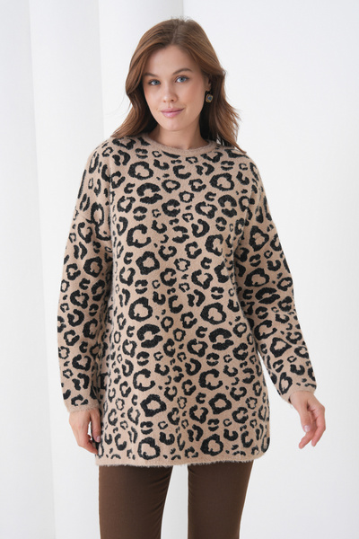 MAMAYAGA Дамски пуловер с дълъг ръкав, обло деколте и леопардов принт, спортно-елегантен, зимен, плетен