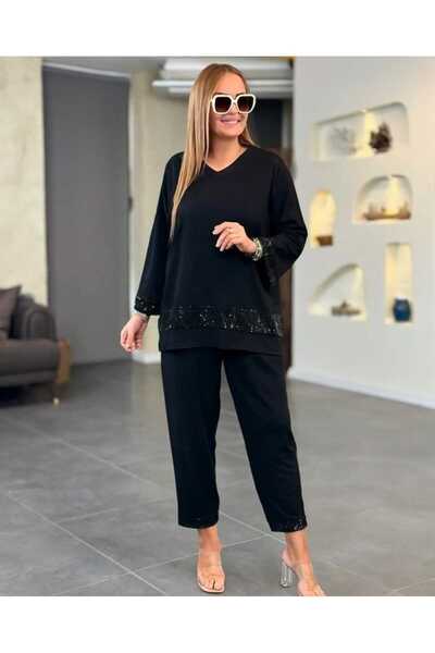 Kokosh moda Kadın Pul Payet Detaylı V Yaka Uzun Kollu Büyük Beden İkili Takım