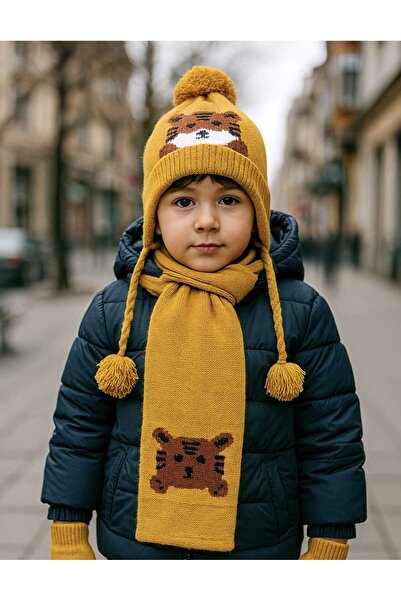 kidsense Boy's Tiger Pattern Fleece Lined Anti-Pilling Scarf Beanie Gloves Set of 3