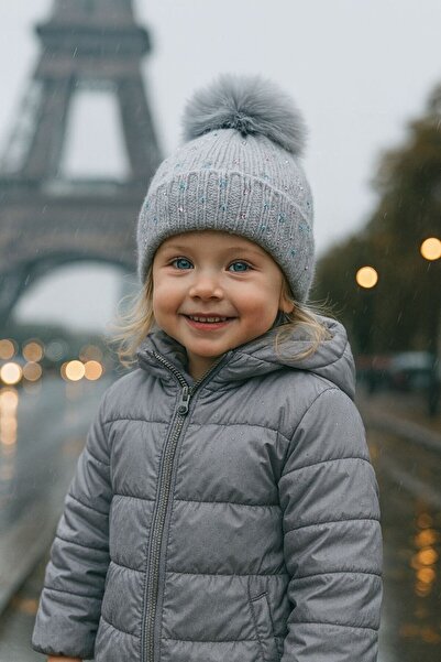 BALIENTE Gray Stone Embroidered Pompom Girls' Beret 3-7 Years Old
