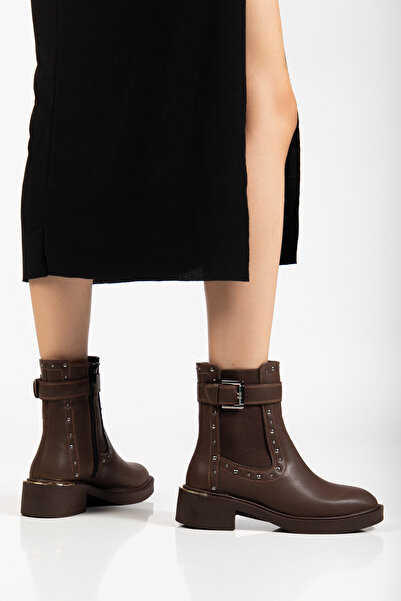RİSSOLİ Γυναικείες μπότες με φερμουάρ με λεπτομέρεια με αγκράφα και καρφίτσες σε καφέ χρώμα