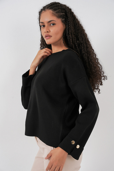 Bigdart Damen Oversize-Strickpullover mit Manschettenknöpfen 15981 – Schwarz
