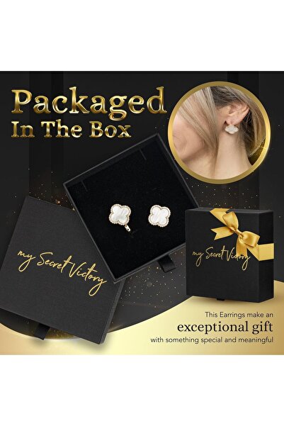 my Secret Victory Four Clover Earrings for Women, 18K Gold Plated with Mother of Pearl or Black Agate & Cubic Zirconia