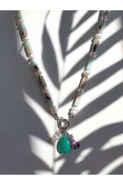 Abundo Imperial jasper necklace, cultured pearls, amethyst and aventurine with silver 925, 59 cm