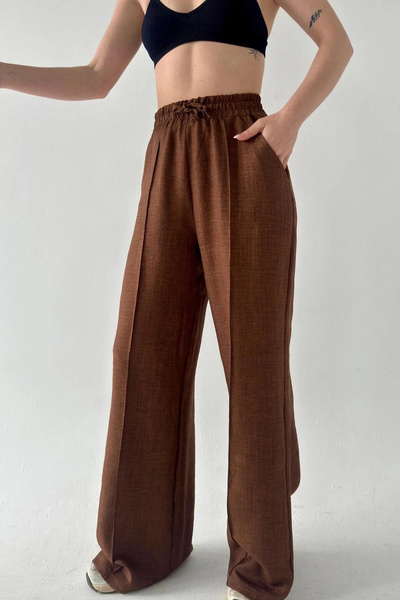 bysoca Γυναικείο καφέ ψηλόμεσο ελαστικό παντελόνι με κορδόνια με τσέπες, φαρδ...