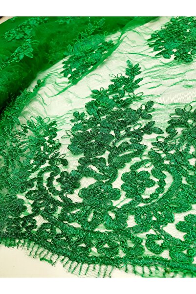 Safir Kumaş Sim Parlak Dokuma Yeşil Aplikli Dantel 3 Metre