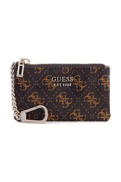 Guess Noelle Zip Coin Pouch Leather Wallet for Women, Brown/Gold