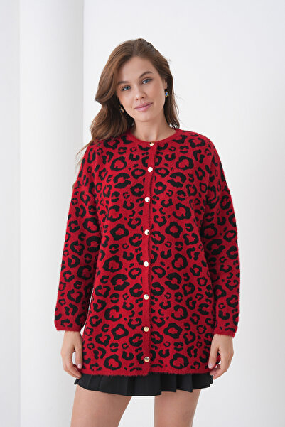 MAMAYAGA Midi Length Long Sleeve Front Buttoned Leopard Patterned Sporty Stylish Knitwear Jacket Suitable for Women's Hijab