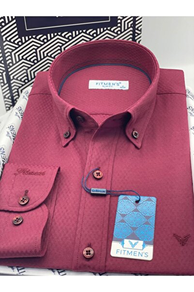 Fitmens Slim Fit Long Sleeve Diamond Pattern Sleeve Embroidered Collar Buttoned Stylish Men's Shirt with Gift Box Fs-004200 -