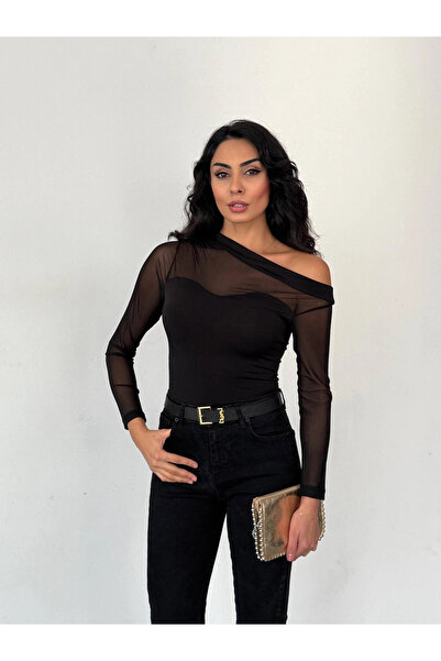 hazelin Bluză neagră din tul pentru femei cu secțiuni cu mâneci lungi, elegantă, confortabilă HZL25W-FRY123541