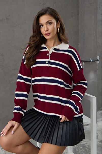 H&E LUXURY DESIGN Striped Buttoned Polo Neck Women's Knitwear Sweater