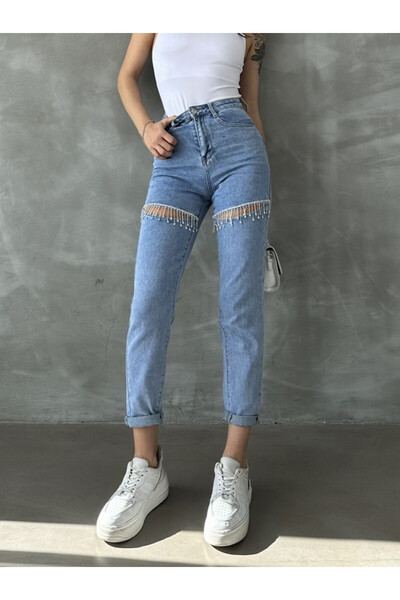 ADAMODA.RO Blugi mom fit cu cu lanturi