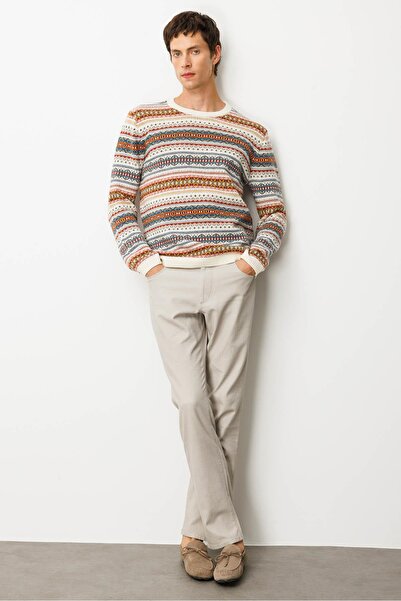 Desen Triko Men's Crew Neck Jacquard Wool Sweater Bone