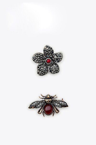 New Obsessions Marka Broş Seti – Vintage Arı ve Çiçek Tasarımlı Taşlı Metal Broş 2’li Set