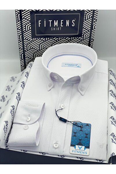 Fitmens Slim Fit Long Sleeve Diamond Pattern Sleeve Embroidered Collar Buttoned Stylish Men's Shirt with Gift Box Fs-004200 -