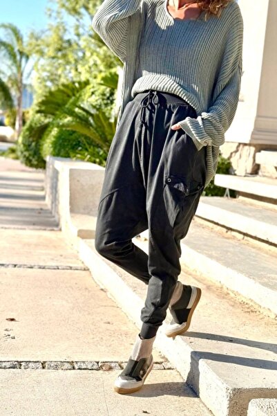 Güneşkızı Black Pocketed Washable Elasticated and Tied Waist Shalwar Cotton Trousers 95 30