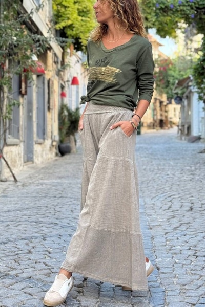Güneşkızı Bronze Color Pocketed Washable Mesh Detailed Wide Leg Cotton Loose Trousers 90 30