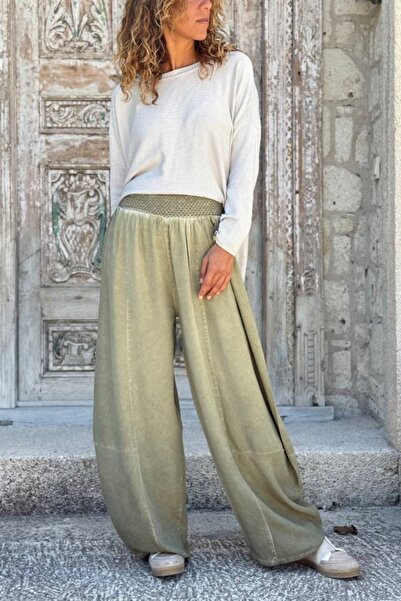 Güneşkızı Khaki Pocketed Washable Soft Textured Brode Elastic Waist Wide Leg Cotton Loose Trousers 100 30
