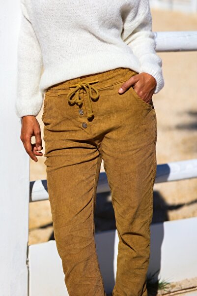 Güneşkızı Italian Camel Pocketed Buttoned Velvet Elasticated and Tied Waist Trousers 100 35