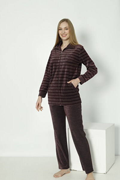 ROMEO LİFE Γυναικείο Σετ Φόρμας Μεγάλου Μεγέθους Ριγέ Βαμβακερό Βελούδο - Βουργουνδία 2289