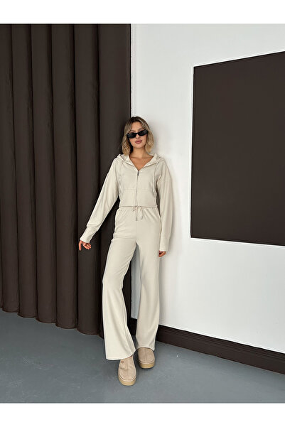 LE CARAMBOLE Women's Stone Thessaloniki Fabric Hooded Cardigan Pants Bottom Top Set