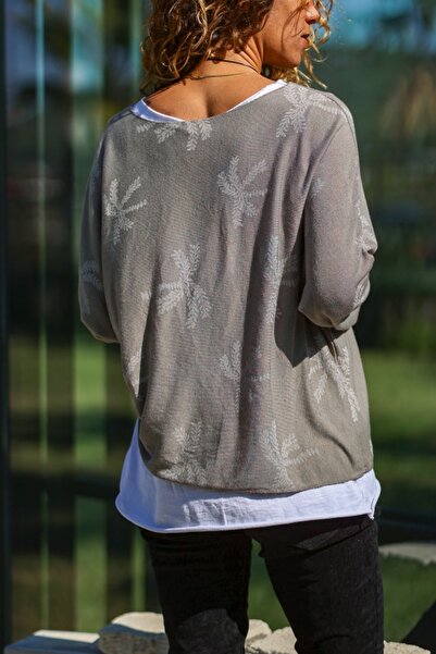 Güneşkızı Ιταλικό γκρι πουλόβερ με λαιμόκοψη με φύλλα με μοτίβο εσωτερικά και εξωτερικά, μαλακή υφή, χαλαρό πουλόβερ 70 50