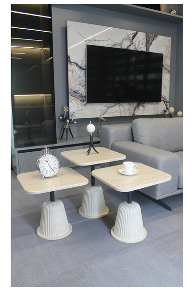 DECORAMİS Venedik Zigon Sehpa Traverten Mdf (Komple Krem) - Zigon Sehpa 3'lü