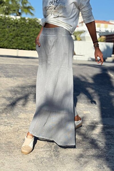 Güneşkızı Gray Pocketed Washable Mesh Detailed Wide Leg Cotton Loose Pants 90 30